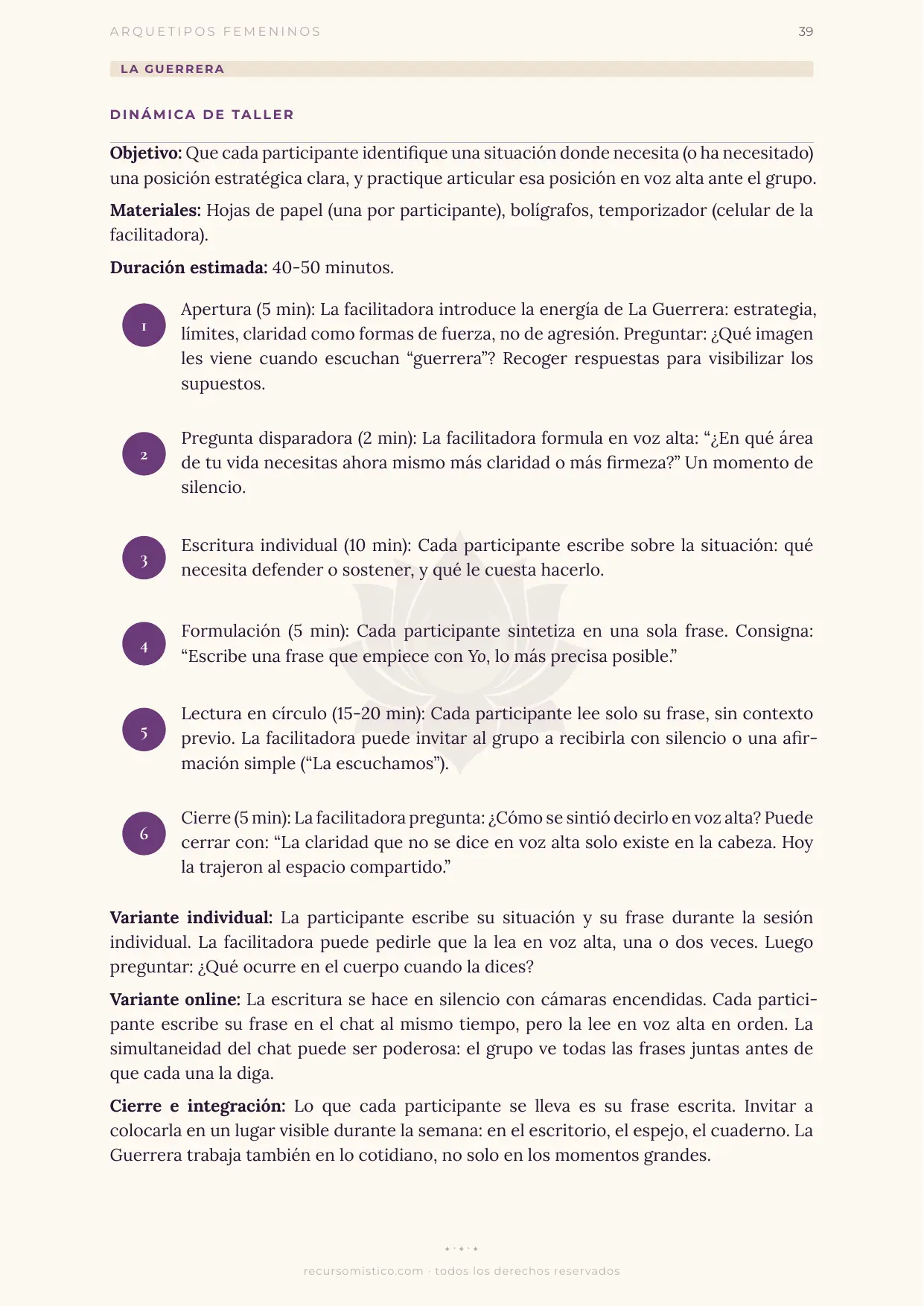 Dinámica de taller de La Guerrera con Atenea