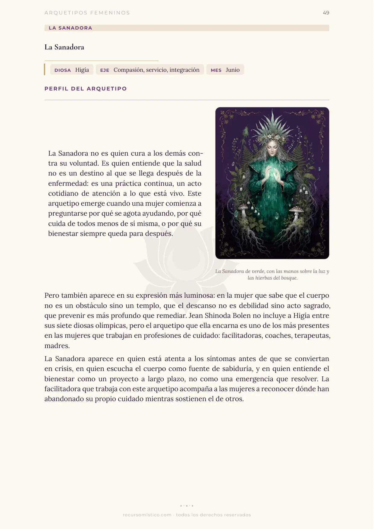 Perfil del arquetipo de La Sanadora con Higía